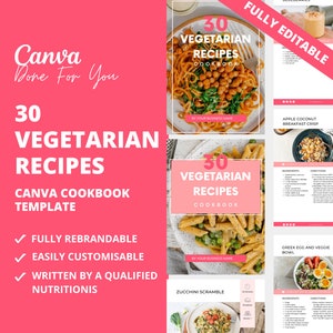 Recipe Book Template with 30 Vegetarian Recipes, PLR Digital Products, Canva eBook Template, DFY Digital Products For Your Coaching Business