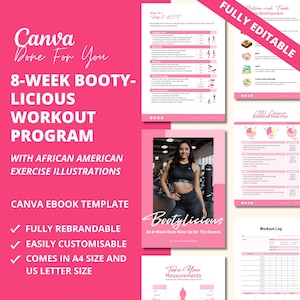 May include: A pink and white Canva ebook template for an 8-week booty workout programme. The template features a woman in a gym setting, a workout log, a meal plan, and a section for taking measurements. The text "Bootylicious" is featured on the cover.