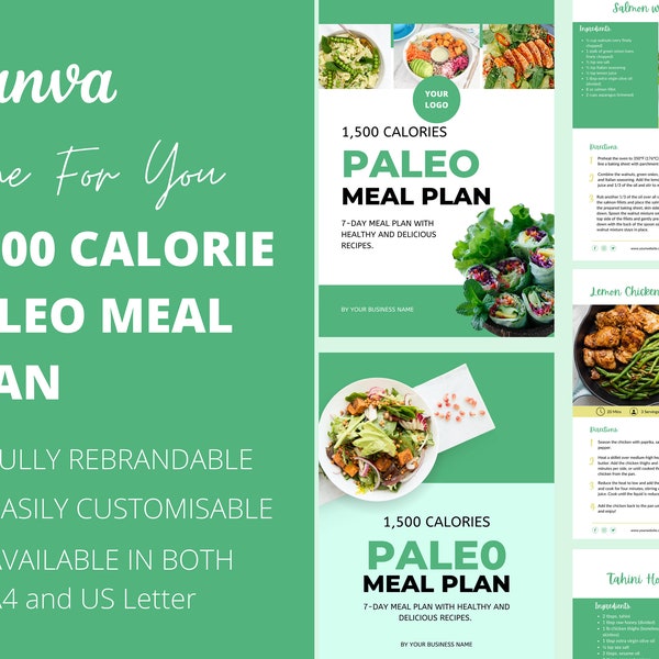 7-day PALEO Meal Plan Template with Healthy and Delicious Recipes, 1,500 calories printable meal plan for health and fitness coaches