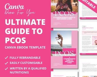 May include: A pink and white Canva ebook template for a guide to PCOS. The cover features a woman jumping in the ocean and the text "PCOS: A Comprehensive Guide to Empowered Living". The template is fully editable and customizable.