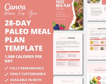 28-Day Paleo Meal Plan Template with Healthy Recipes, 1,500 calories per day Meal Plan, Editable Meal Plan for Health Coaches, Canva