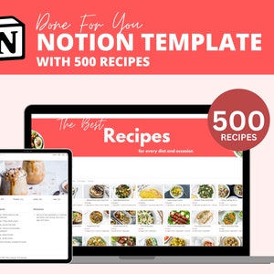 Notion Template, Notion templates, Notion Recipe Manager with 500 Ready-Made Recipes, Notion, Done for You, Notion Template for Coaches