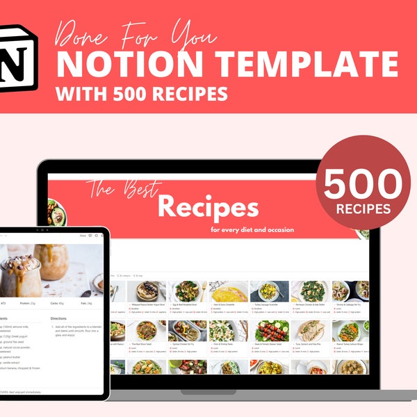 Notion Template, Notion Templates, Notion Rezept-Manager mit 500 vorgefertigten Rezepten, Notion, Done for You, Notion Template for Coaches