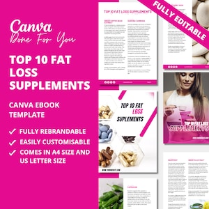 May include: A pink and white Canva ebook template for a guide on the top 10 fat loss supplements. The ebook template is fully rebrandable and customisable and comes in A4 and US letter sizes. The ebook cover features a collage of images of various supplements, including green coffee bean extract, garcinia cambogia, capsaicin, grapefruit, and green tea extract.