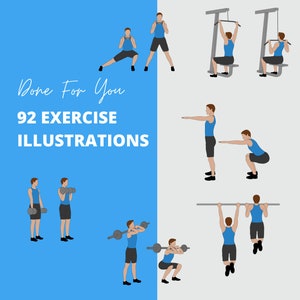 92 Exercise Illustrations in PNG format, 2D Illustrations, Workout Clipart, Exercise Clipart, Fitness Clipart, Male Character Exercises