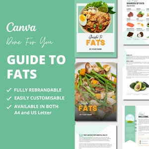 Puede incluir: Una guía sobre las grasas con un fondo verde y texto que dice "Guide to Fats" y "Canva Done For You". La guía incluye información sobre las mejores fuentes de grasas saludables, grasas trans, grasas omega 3 y 6, y los beneficios de las grasas. La guía también incluye imágenes de alimentos como fideos, espárragos y aguacate.