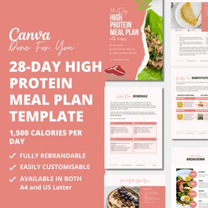 28-Day High Protein Meal Plan Template with Recipes, 1,500 calories per day, Editable Meal Plan for Health Coaches, Coaching Resources