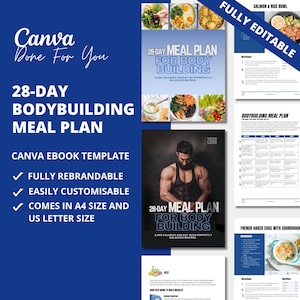 May include: A digital ebook template for a 28-day bodybuilding meal plan. The cover features a man lifting weights and the text "28-Day Meal Plan for Body Building". The ebook includes a meal plan, recipes, and tips for building muscle.