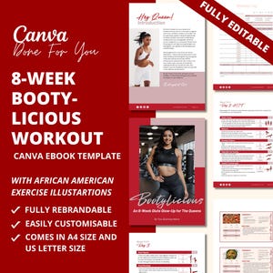 May include: A digital ebook template for an 8-week booty workout programme. The template features a black and white illustration of a woman exercising, the text "Bootylicious", and the words "An 8-Week Glute Glow-Up for The Queens".