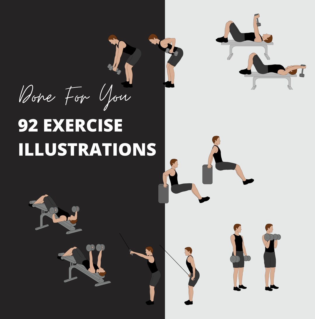 92 exercise illustrations in png format for health and fitness coaches