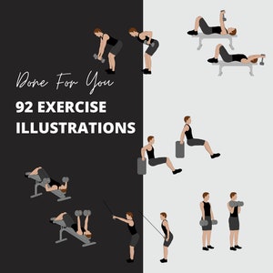 May include: A set of 92 exercise illustrations featuring a man performing various exercises using dumbbells, a bench, and a box. The illustrations are in black and white and are set against a black and white background.