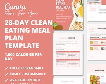 May include: A pink and white digital template for a 28-day clean eating meal plan with 1,500 calories per day. The template includes a schedule, recipes, and a breakdown of calories, carbs, protein, and fats. The template is fully rebrandable and customizable and available in both A4 and US Letter sizes.