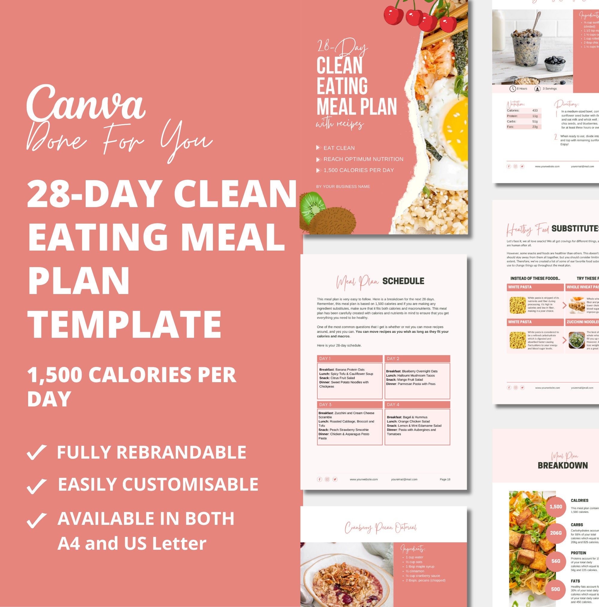 28day Clean Eating Meal Plan Template With Recipes, 1,500 Calories per