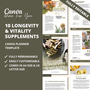 May include: A digital Canva planner template titled "10 Longevity & Vitality Supplements." The design features text, graphics, and images of supplements. The template is fully rebrandable, easily customizable, and available in A4 and US Letter sizes.