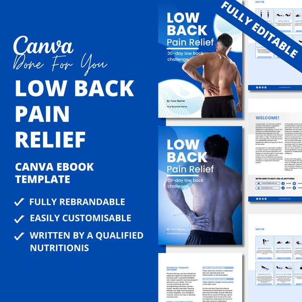 Low Back Pain Relief, 30-day Challenge, Fitness Program Template for Health and Fitness Coaches, Ebook Template for Canva, Coaching Template