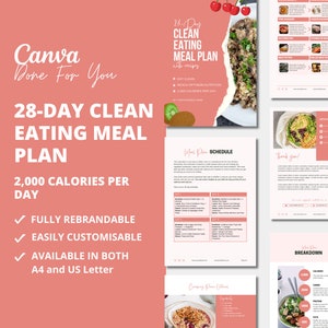 28-Day Clean Eating Meal Plan with Recipes, PLR digital Product, Canva eBook Template, 2,000 calories per day, Editable Template