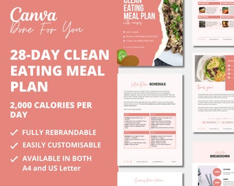28-Day Clean Eating Meal Plan: Canva eBook Template (PLR Digital Product)