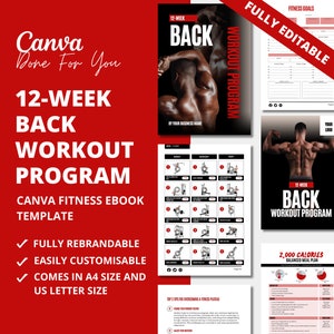 May include: A fitness ebook template with a 12-week back workout program. The design features a black and red color scheme with images of a muscular back. The template is fully rebrandable, easily customizable, and comes in A4 and US letter sizes.