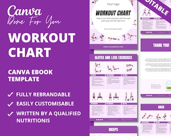 Puede incluir: Plantilla de tabla de entrenamiento púrpura y blanca con el texto "Canva Done For You Workout Chart" y "Fully Editable". La tabla incluye una variedad de ejercicios para glúteos, piernas, bíceps y espalda. La tabla también incluye una sección para "¡Gracias!" y un espacio para un logotipo.