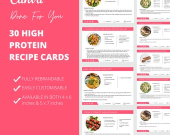 High Protein Recipe Card Template: 30 Canva Editable Designs (PLR)