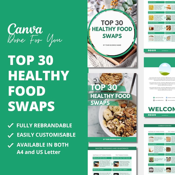 Top 30 Healthy Food Swaps, health coaching templates, nutrition template, lead magnet, eBook template CANVA, DFY content