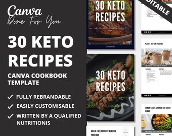 30 Keto Recipes: Canva Cookbook Template for Coaches (PLR)