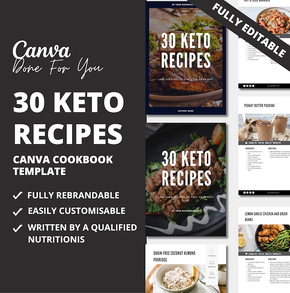 30 Keto Recipes: Canva Cookbook Template for Coaches (PLR)