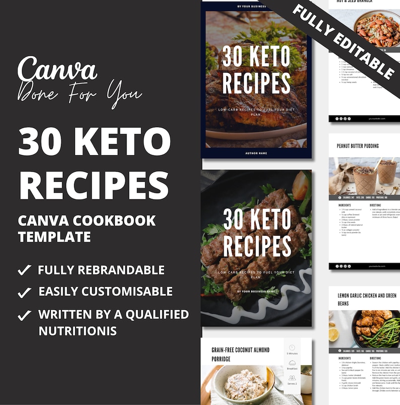 30 Keto Recipes, Recipe Template, Recipe Book Template, PLR Digital Products, Done For You Canva eBook Template For Your Coaching Business
