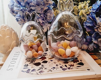 Bunny Ears Easter Glass Jars,2 Sizes,Easter Rabbit Chocolate Candy Sweets Treats Mini Eggs Storage Spring time Home Decor cookie jar