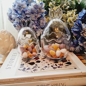 Bunny Ears Easter Glass Jars,2 Sizes,Easter Rabbit Chocolate Candy Sweets Treats Mini Eggs Storage Spring time Home Decor jar,table decor