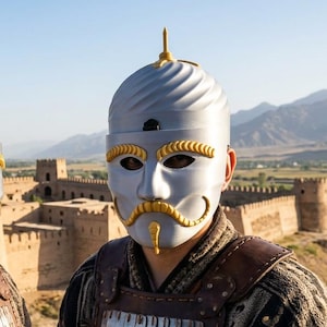 May include: Two people wearing silver masks with gold accents and a gold spire on top. They are dressed in brown and black patterned clothing and armor. A fortress and mountains are in the background.