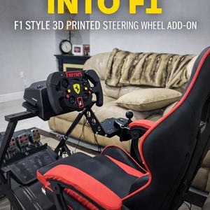May include: A black and red racing chair with a black steering wheel featuring the Ferrari logo. The image includes the text "TURN YOUR LOGITECH INTO F1" and "F1 STYLE 3D PRINTED STEERING WHEEL ADD-ON". The Logitech G923 and G920 are also visible.