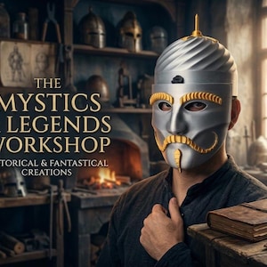 May include: A silver and gold mask with a stylized mustache and headpiece. The mask is part of a workshop with the text "The Mystics & Legends Workshop: Historical & Fantastical Creations". A book and knife rest on a wooden surface.