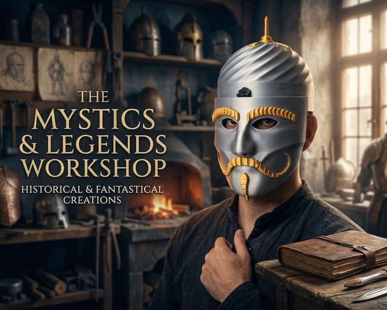 May include: A silver and gold mask with a stylized mustache and headpiece. The mask is part of a workshop with the text "The Mystics & Legends Workshop: Historical & Fantastical Creations". A book and knife rest on a wooden surface.