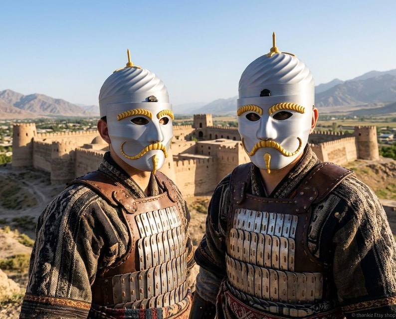 May include: Two people wearing silver masks with gold accents and a gold spire on top. They are dressed in brown and black patterned clothing and armor. A fortress and mountains are in the background.
