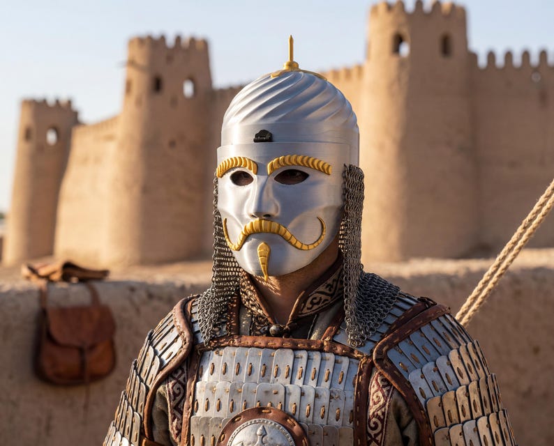 May include: A silver-colored helmet with a face mask and gold accents, worn by a person in armor. The helmet has a spiraled top and a gold mustache design. The person is wearing chainmail and a chest plate. A fortress is in the background.