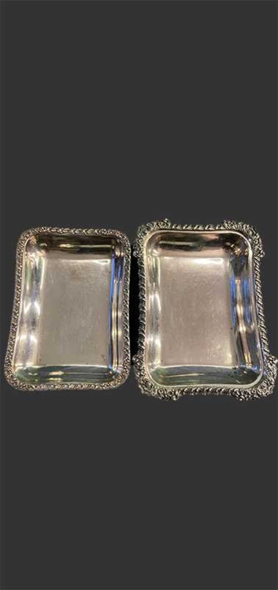 Two Hollow Serving Dishes, Rectangular, Silver Plated, Borders With Foliage Decorations, Flowers & P