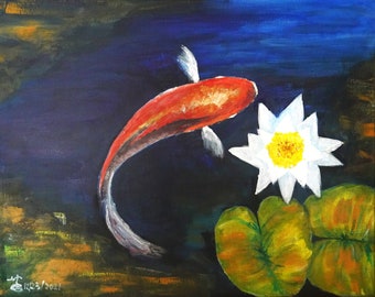Koi Fish, Water Lily Pond Painting, Lotus Flower Large Canvas| Fine Art Print, Home Wall Art Decor, Animal, Simplicity Art Collectibles