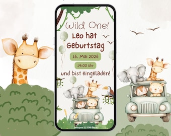 Invitation for a boy's 1st birthday | Digital children's birthday invitation card, Wild One design | Safari animals and car eCard | Canva jungle template