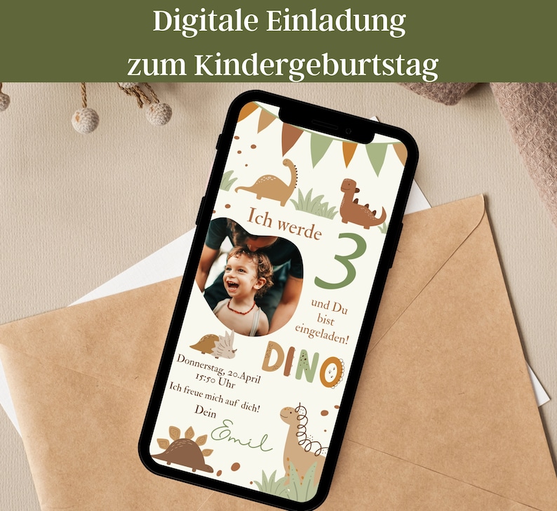 May include: A digital invitation for a child's 3rd birthday party with a dinosaur theme. The invitation features a photo of a young boy, a dinosaur graphic, and the text "Ich werde 3 und Du bist eingeladen! Dino".