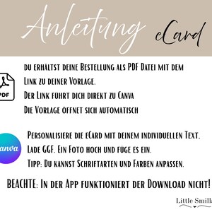 Puede incluir: Una hoja de instrucciones para una e-tarjeta digital con texto en alem&aacute;n. La palabra "Anleitung" est&aacute; escrita en la parte superior de la imagen en una fuente de escritura. Las instrucciones explican c&oacute;mo descargar un archivo PDF y personalizar la e-tarjeta con Canva.