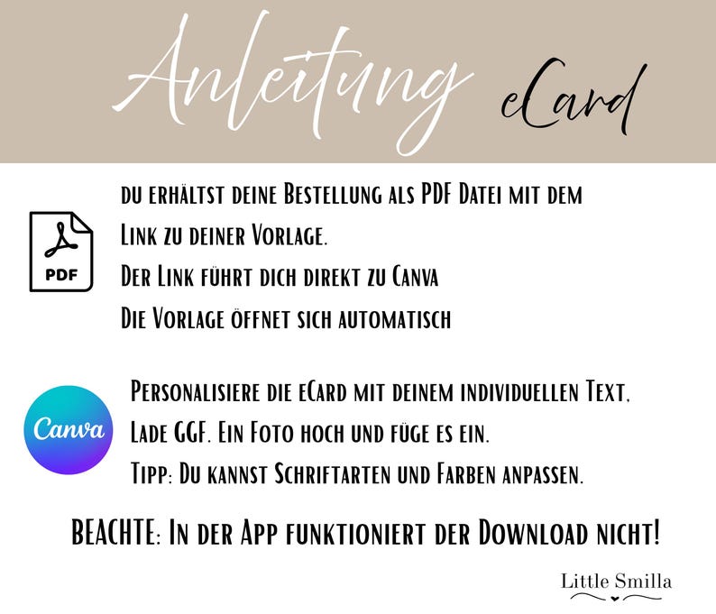 Puede incluir: Una hoja de instrucciones para una e-tarjeta digital con texto en alem&aacute;n. La palabra "Anleitung" est&aacute; escrita en la parte superior de la imagen en una fuente de escritura. Las instrucciones explican c&oacute;mo descargar un archivo PDF y personalizar la e-tarjeta con Canva.