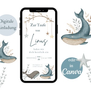 Convite digital para batizado, cartão convite menino e-card, cartão de batismo menina personalizado, convite WhatsApp batismo baleia, modelo Canva