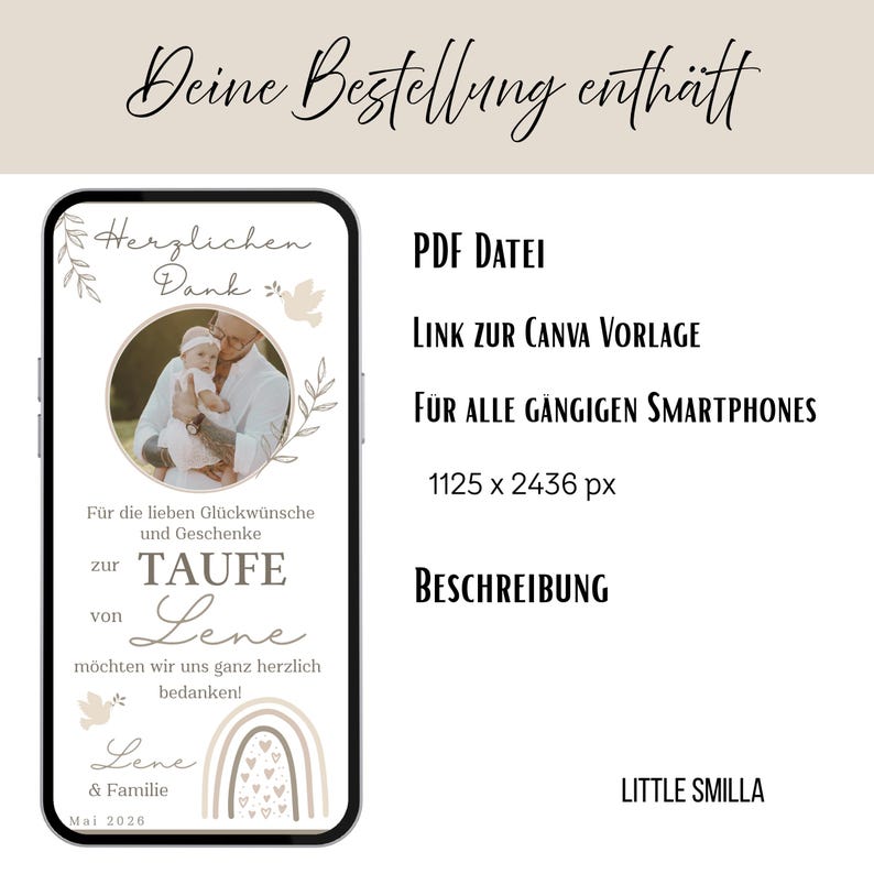 Tarjeta digital de agradecimiento por bautizo con foto, tarjeta electrónica boho arcoíris | Mensaje de agradecimiento por bautizo para niña por WhatsApp | Gracias por las felicitaciones por la celebración del bautizo imagen 4