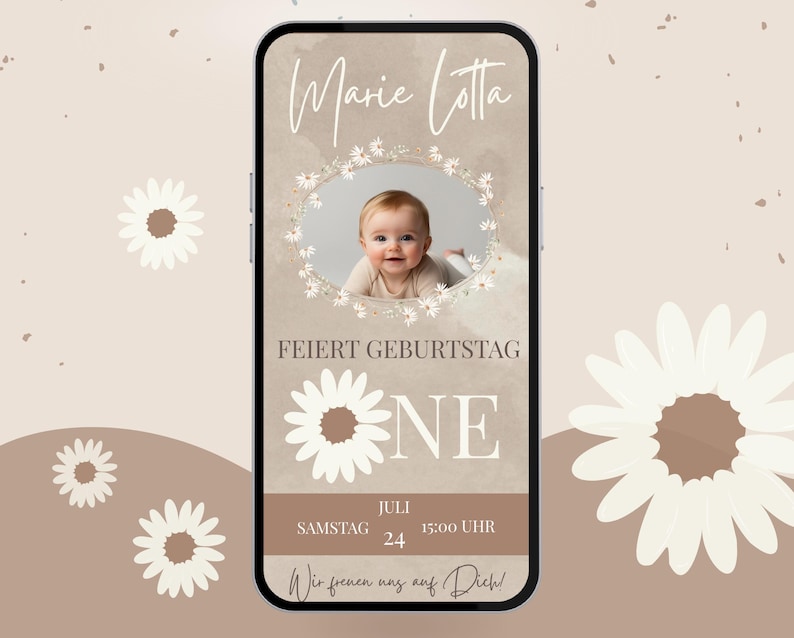 One Einladung zum ersten Geburtstag mit Daisy Flowers in braun und beige. Zarte Blumen und ein schönes Foto und gro0es ONE Motiv