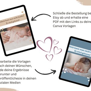 Puede incluir: Dos tabletas digitales muestran im&aacute;genes de un reci&eacute;n nacido. Las tabletas muestran texto en alem&aacute;n, incluyendo "Gl&uuml;ck kann man nicht kaufen. Es wird geboren!" (&iexcl;La felicidad no se compra. Nace!). La imagen tambi&eacute;n incluye instrucciones para Etsy y Canva.
