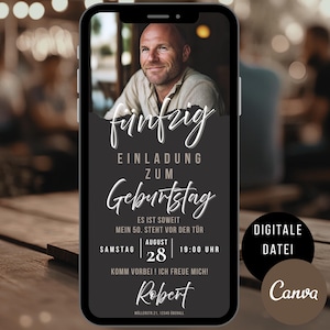 Uitnodiging 50e verjaardag man, digitale uitnodigingskaart WhatsApp verjaardagsfeestje, eCard Canva sjabloon met foto, verjaardagsuitnodiging mannen