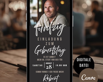 Invitation for a man's 50th birthday, digital invitation card for a WhatsApp birthday party, eCard Canva template with photo, birthday invitation for men