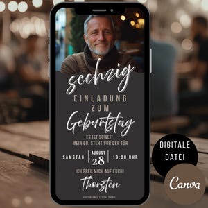 Uitnodiging 60e verjaardag man, digitale uitnodigingskaart WhatsApp verjaardagsfeestje, eCard Canva sjabloon met foto, verjaardagsuitnodiging mannen