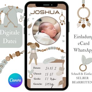 Annuncio di nascita digitale, annuncio di nascita di un bambino, modello di biglietto di nascita Canva, e-card di annuncio di nascita WhatsApp, modello di data di nascita